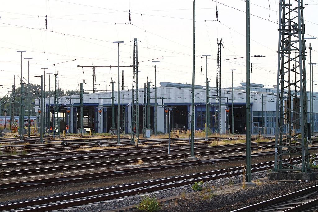 Bilder aus Hamburg(Bild 3)...Blick auf den Einfahrbereich der riesigen Waggonhalle des Bw HH-Langenfelde aufgenommen aus dem vorbeifahrenden SH-Express. 06.08.2013