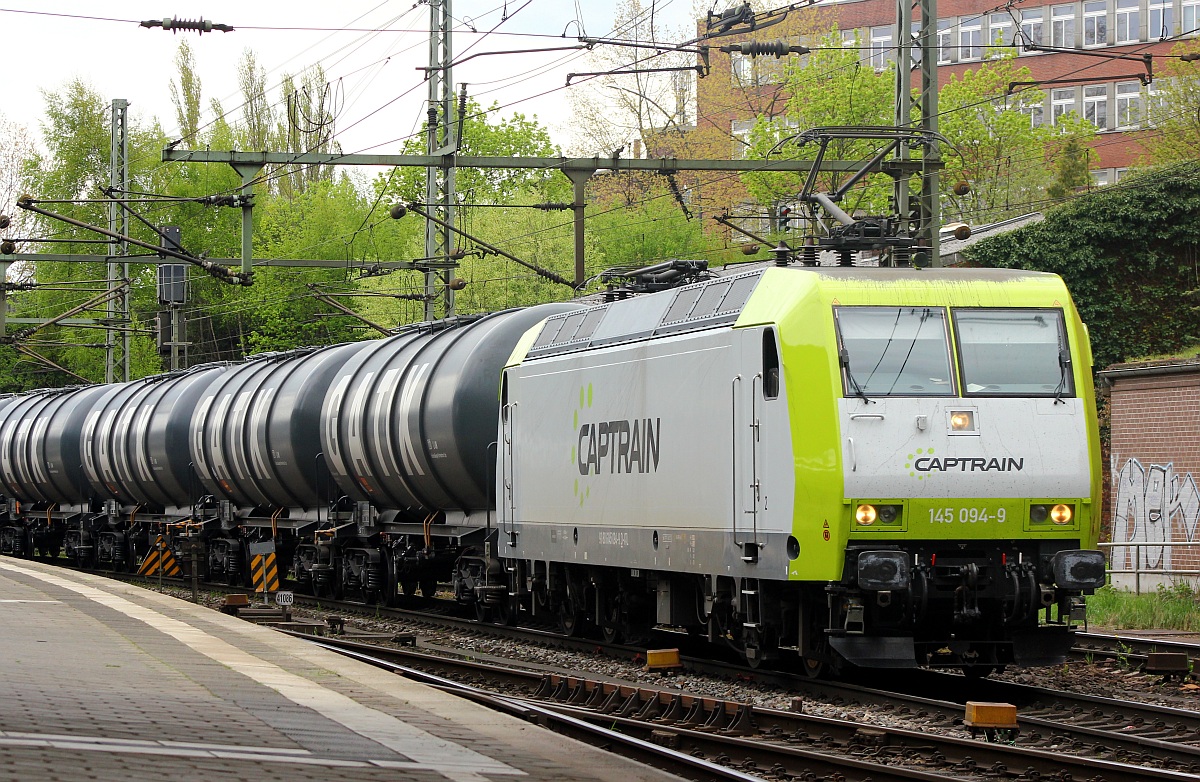 Captrain 145 094-9 mit GATX KeWa Zug aufgenommen im Bhf Hamburg-Harburg. 02.05.2015