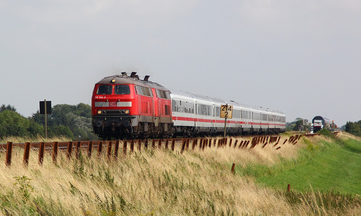 DB 218 314-3 + 315-0 mit IC nach Westerland, Wiedingharder Neuer Koog 04.08.2012