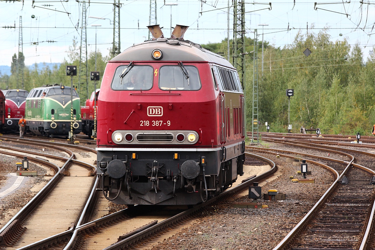 DB 218 387-9 in der  purpurrot  Lackierung(RAL 3004) aufgenommen während der Diesellok-Parade im DB Museum Koblenz-Lützel am 29.09.2012 in neuer Größe und neu bearbeitet.