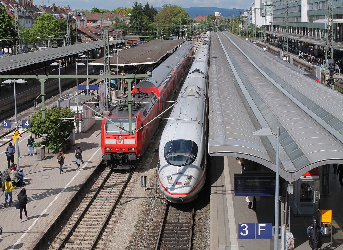 DB 6146 113-6 mit nem RE nach Basel SBB und ein unbekannter ICE, Bhf Freiburg im Breisgau. 09.05.2017