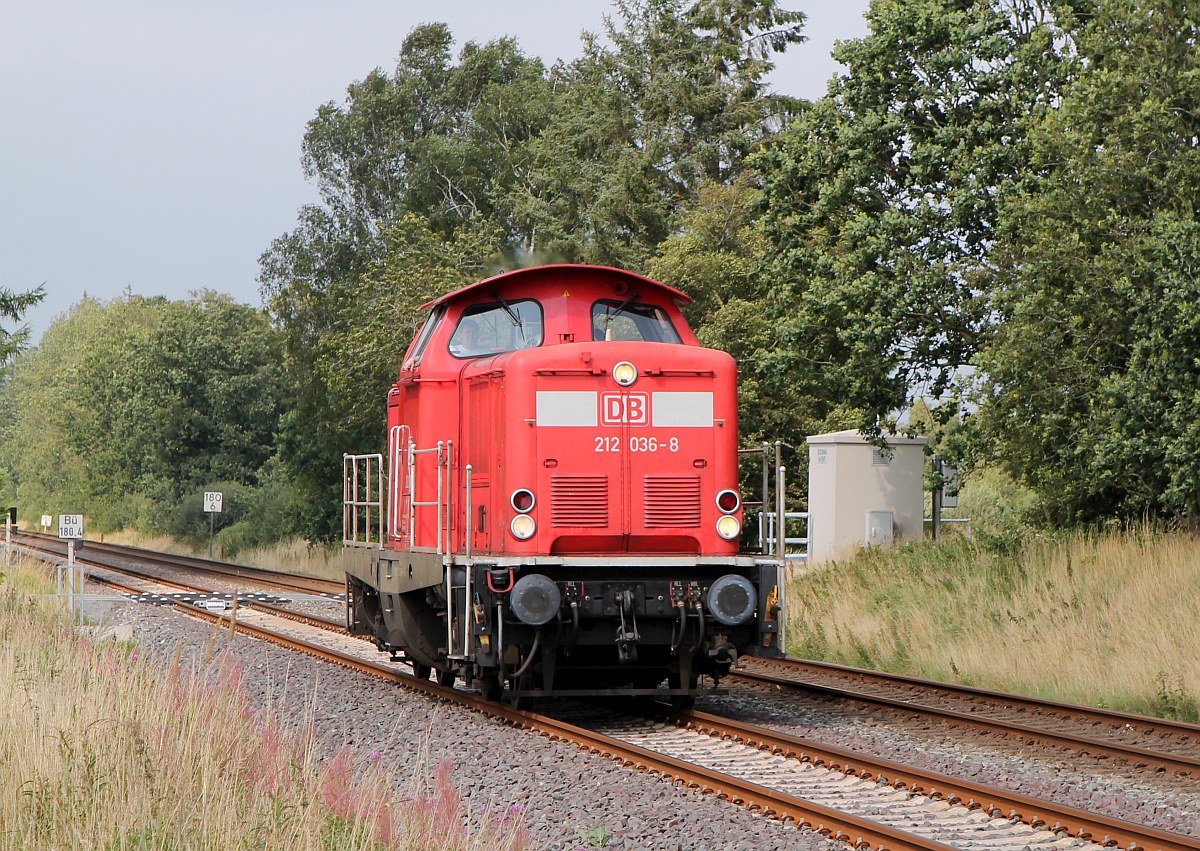 DB Fahrwegdienste 212 036-8 in freier Wildbahn. Aufnahmeort am Bü Bordelum 180.4 bei Langenhorn. 09.08.2017