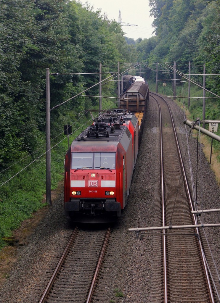 DBS/RSC EG 3108 plus Wagenlok und Güterzug auf dem Weg nach Dänemark aufgenommen ca 1km nach dem Bhf Schleswig bei Schuby. 11.08.2015