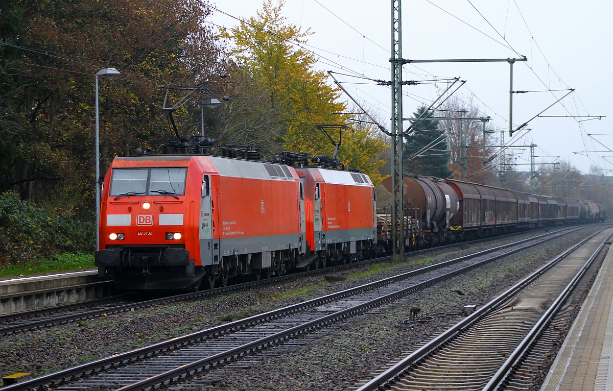 EG 3102 und 3108 mit dem nicht so langen aber schweren 44732 auf dem Weg nach Padborg/DK. Schleswig 20.11.2014
