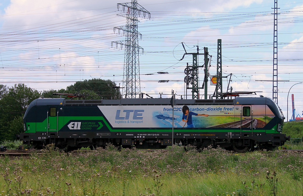 ELL/DLOC 193 203-7 i.E für LTE steht hier abgestellt an der  blauen Brücke  in HH-Waltershof/Altenwerder. 26.07.2015