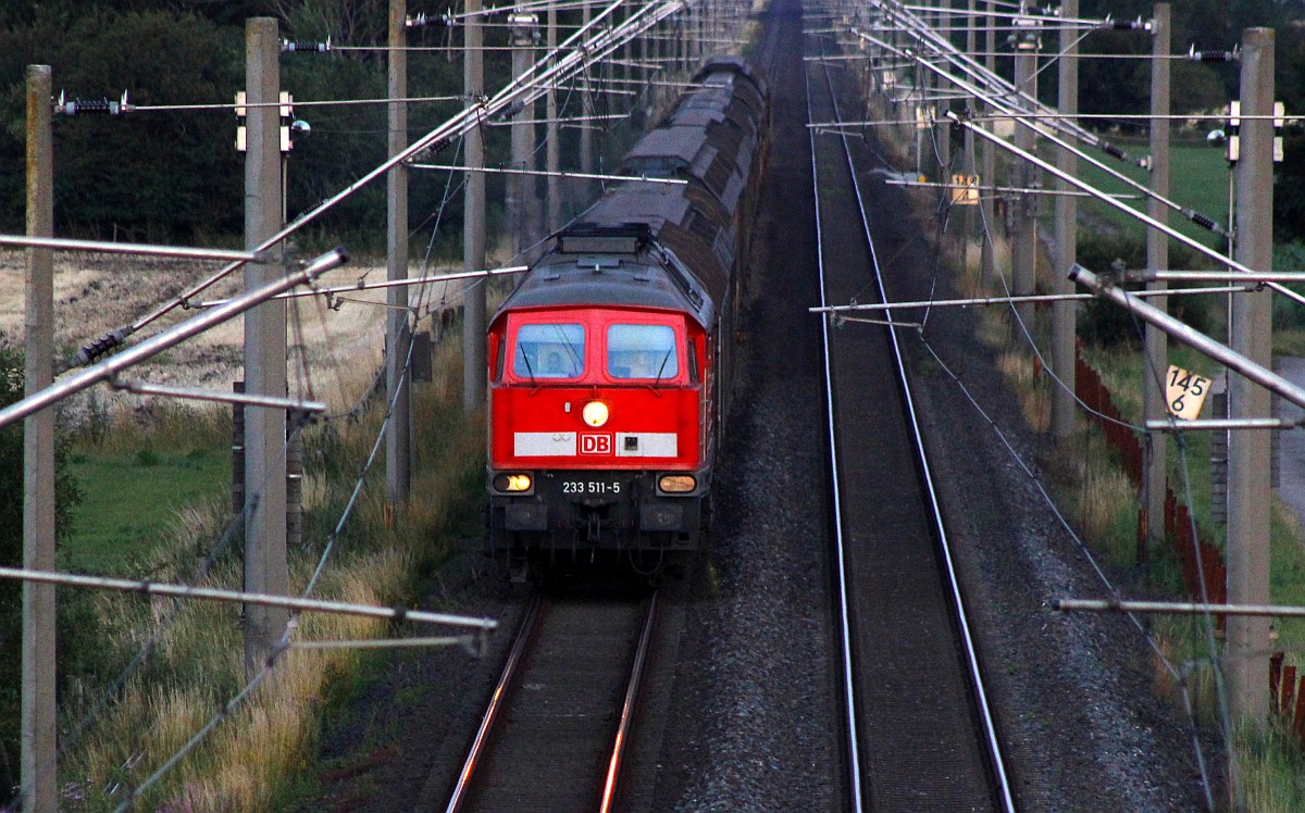 Lürschau bei Schleswig, 21:46h am 23.07.2015...die DB 233 511-5 die lautstark mit ihren Mini-Güterzug Richtung Husum dieselt festgehalten von der  So-da  Brücke zwischen Schleswig und Jübek.
