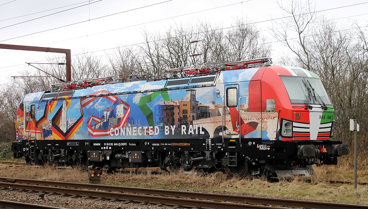 Nach seiner ersten Fahrt von Italien nach Dänemark steht die MRCE/TXL 6193 640-0   Connected by Rail  (REV/MMAL/31.08.16)im dänischen Pattburg abgestellt. 17.02.2017