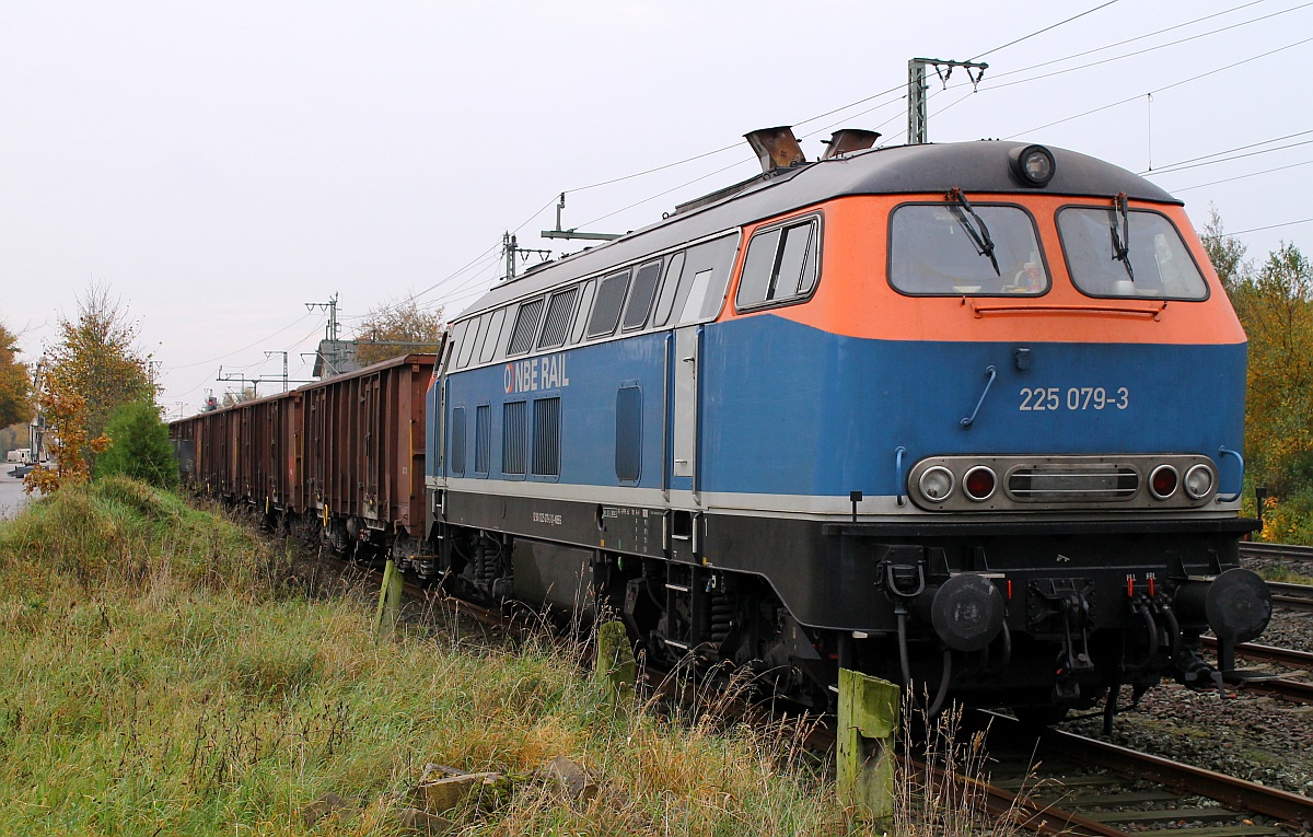 NBE 225 079-3 steht mit 28 Eaos Wagen beladen mit Dnger-Kalk abgestellt im Ladegleis im Bhf von Jbek. 23.10.2013 (02500)