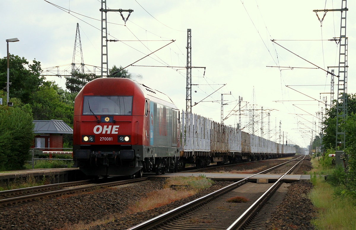 OHE 270081/ 223 102-5 bringt hier einen Leerzug bestehend aus 26 Snps2 Wagen nach Flensburg zwecks Holzverladung. Jübek 13.06.2014