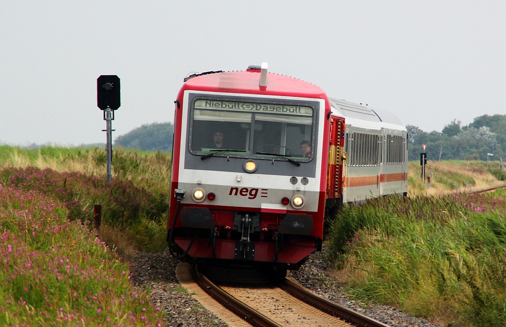 VT 71(629 071) der neg als Zug E13 mit den Kurswagen vom IC 2314 passiert hier den Osterdeich bei Dagebüll-Kirche. 04.08.12