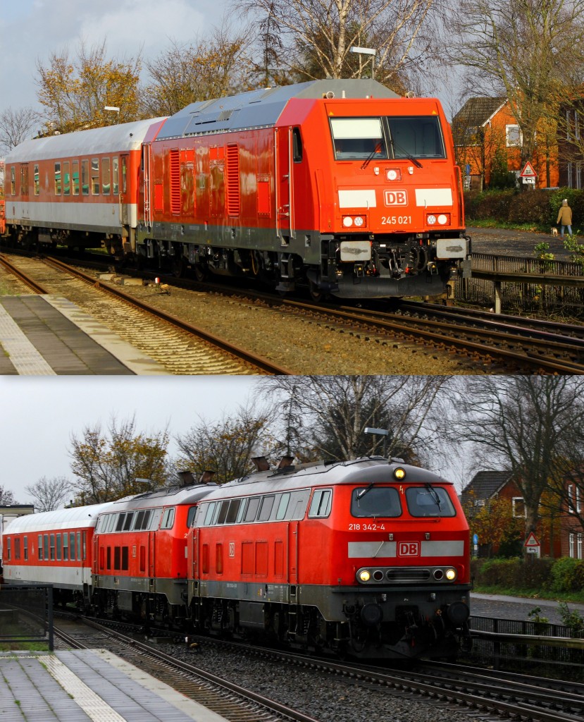 Zukunft und Vergangenheit...oben die neue Variante des SyltShuttles mit Zuglok 1245 021-1 und unten die noch aktuelle Variante des SyltShuttles mit 1218 307-7 und 386-1 beide heute bei der Einfahrt in Niebüll aufgenommen. 13.11.2015