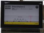 Erstmalig konnte ich auf dem Pattburger Abfahrtsbildschirm das Zugziel  Stockholm  fotografieren, Abfahrtszeit 19.55 Uhr.
