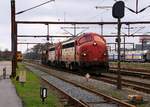 Railcare MY 1134 und 1122 mit zwei Fccs Schüttgutwagen kurz vor ihrer Abfahrt Richtung Taulov. Padborg 11.04.2014