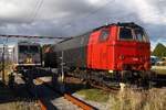 HCR 241.001-5 und NEG/Railcare MZ 1439 plus dem Schatten der DSB Köf II 285 abgestellt im Pbf/Gbf Padborg. 01.10.2013