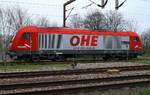 OHE/RailLogix 270080 oder 92 80 1223 101-7 D-OHEGO(Unt/628/29.03.11)steht hier abgestellt im dänischen Pattburg/Padborg und wird bald wieder einen der zahlreichen Holzzüge bespannen.