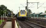 Damals noch für NBE Rail unterwegs dieselte die Voith Maxima 30CC 263 006-9 hier mit einem Düger-Kalk-Zug durch Schleswig, Ziel ist Jübek. Schleswig 28.08.2012(üaV)