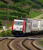 Kombiverkehr 185 664-0 mit dem  Ekol  KLV-Zug festgehalten am Bü kurz vor Oberwesel/Rhein. 13.09.2013