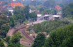 Blick von der Rendsburger Hochbrücke auf den Bahnhof Rendsburg(aus dem Zug aufgenommen), 25.05.2014
