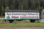 IG 3Seenbahn Seebrugg dort abgestellt ein  Bierwagen  der Staatsbrauerei Rothaus Gattung Tnfhs38(Baujahr 1943) registriert unter 21 80 082 0 530-2 P(vor 1970 11 80 807 5 001-0). Seebrugg 09.05.2017