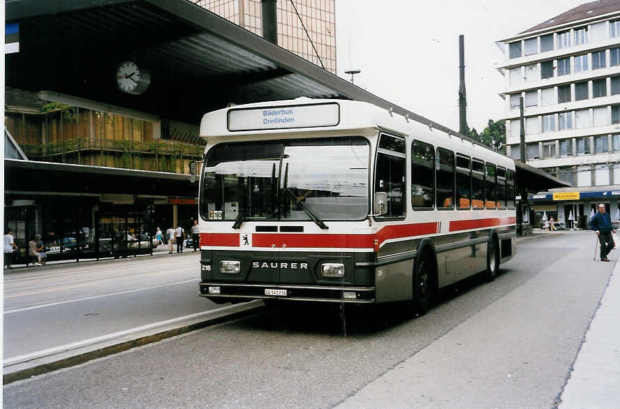 (034'729) - VBSG St. Gallen - Nr. 216/SG 141'216 - Saurer/Hess am 19. Juli 1999 beim Bahnhof St. Gallen