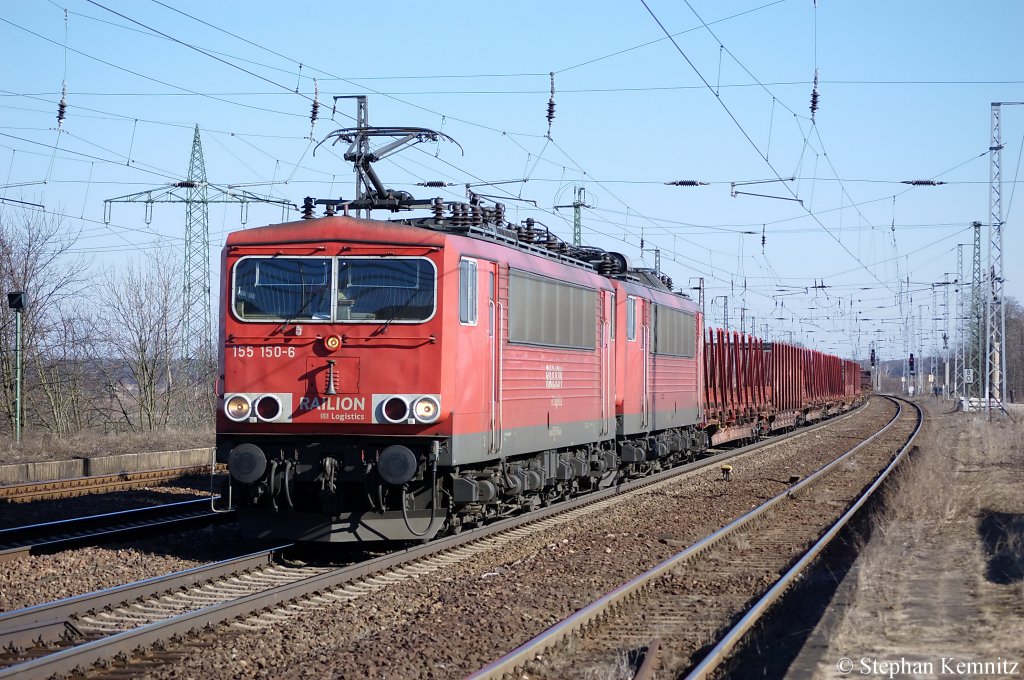 155 150-6 & 155 140-7 (kalt) mit einem gemischten GZ in Saarmund. 08.03.2011