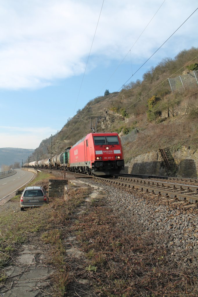 185 305-0 mit Kesselzug bei Kaub. 06.03.13