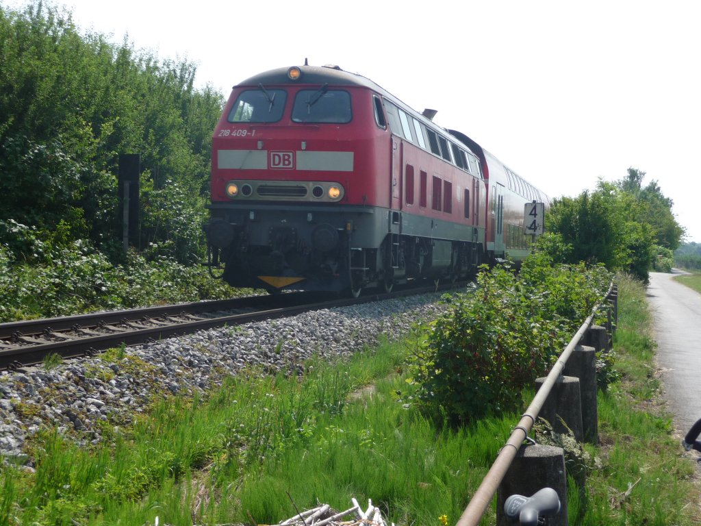 218 409 ist im Juli 2010 mit einem IRE nach Ulm in der Nhe von Eriskirch am Bodensee unterwegs.