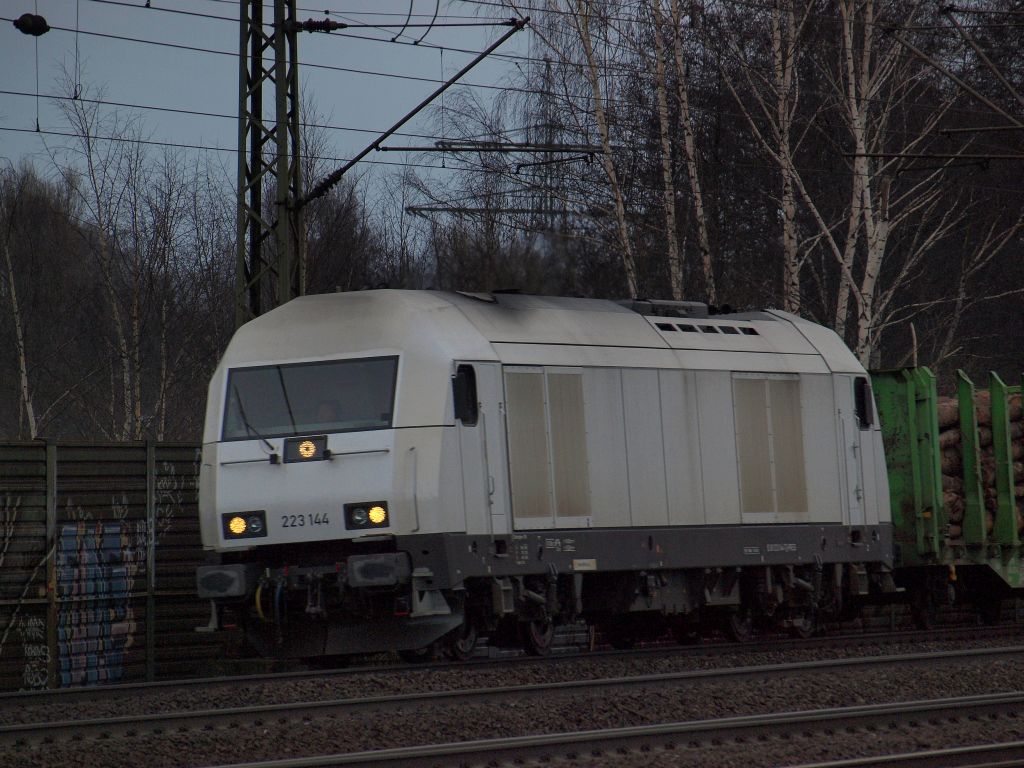 223 144 der Press fuhr mit einem Holzzug bei mieserabelstem Wetter durch Hamburg-Harburg am 19.2.