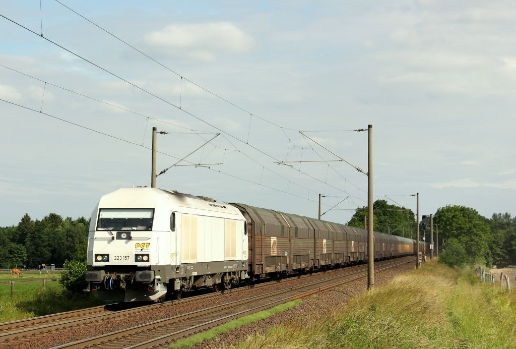 223 157 von PCT zog am 21.6.12 einen Autozug von Cuxhaven durch Reindorf.