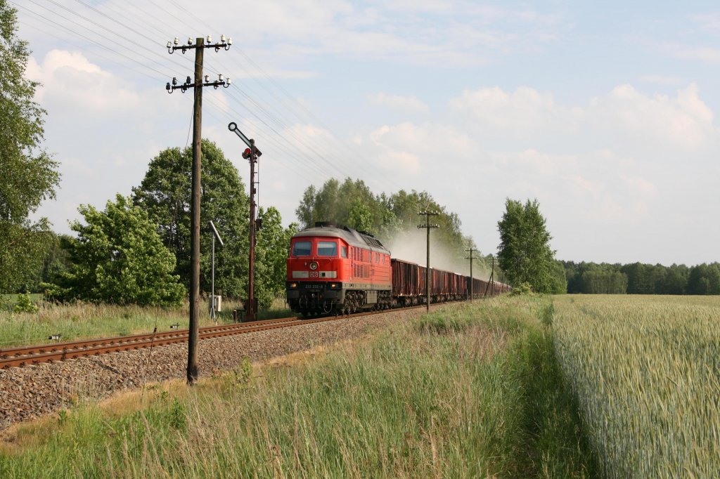 233 232-8 befrdert am 29.05.12 einen Zug teils mit Steinmehl und teils mit Schotter von Oling nach Senftenberg, hier am Einfahrtsignal in Wiednitz.