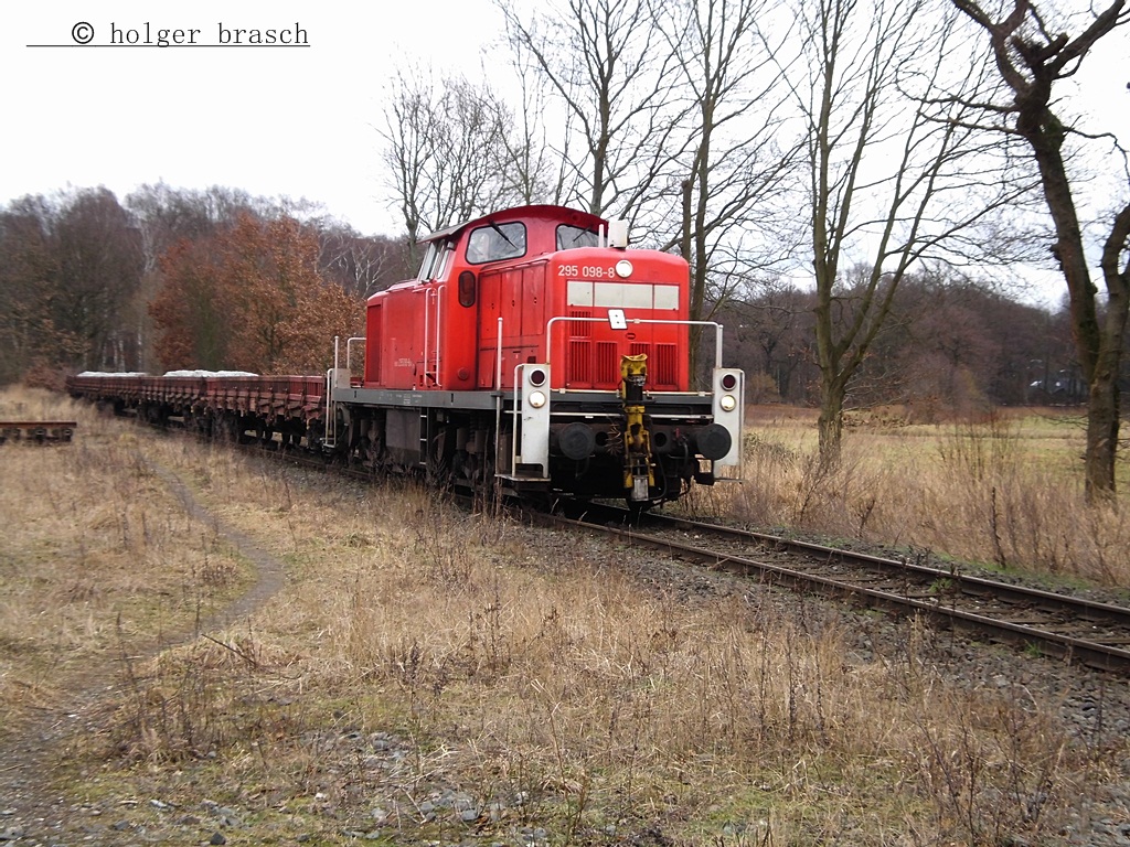 295 098-8 kam am 21.02.13 mit rungenwagen vom kieswerk koops beim bhf glinde