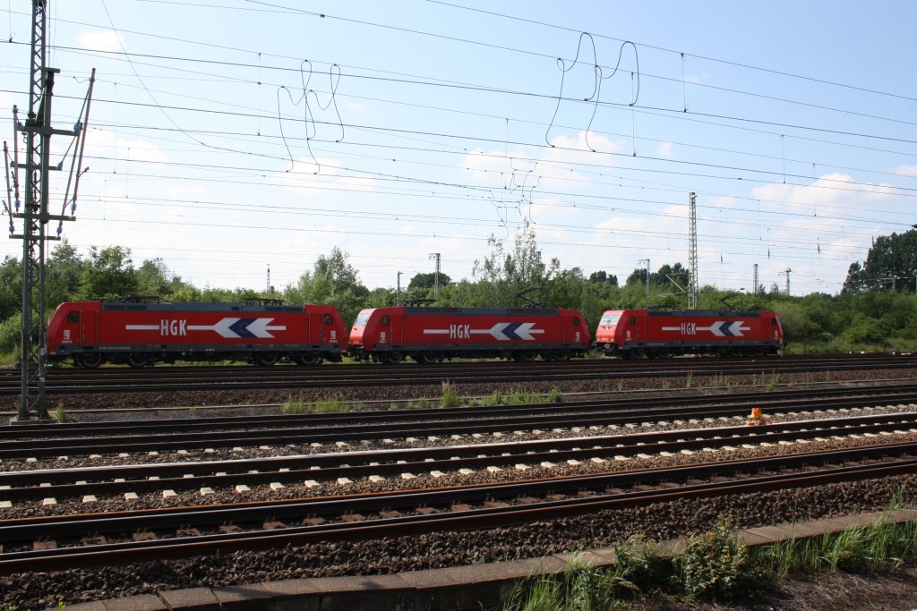 3 HGK E-Loks in Hamburg Wilhelmsburg am 11.06.2011 Abgestellt.
2066 ( BR 185 631-9 ),2001 ( BR 145 089-9 ),2067 ( BR 185 632-7 ) 