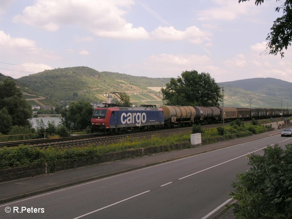 482 022-1 zieht bei Rheindiebach ein gemischten Gterzug. 25.07.08