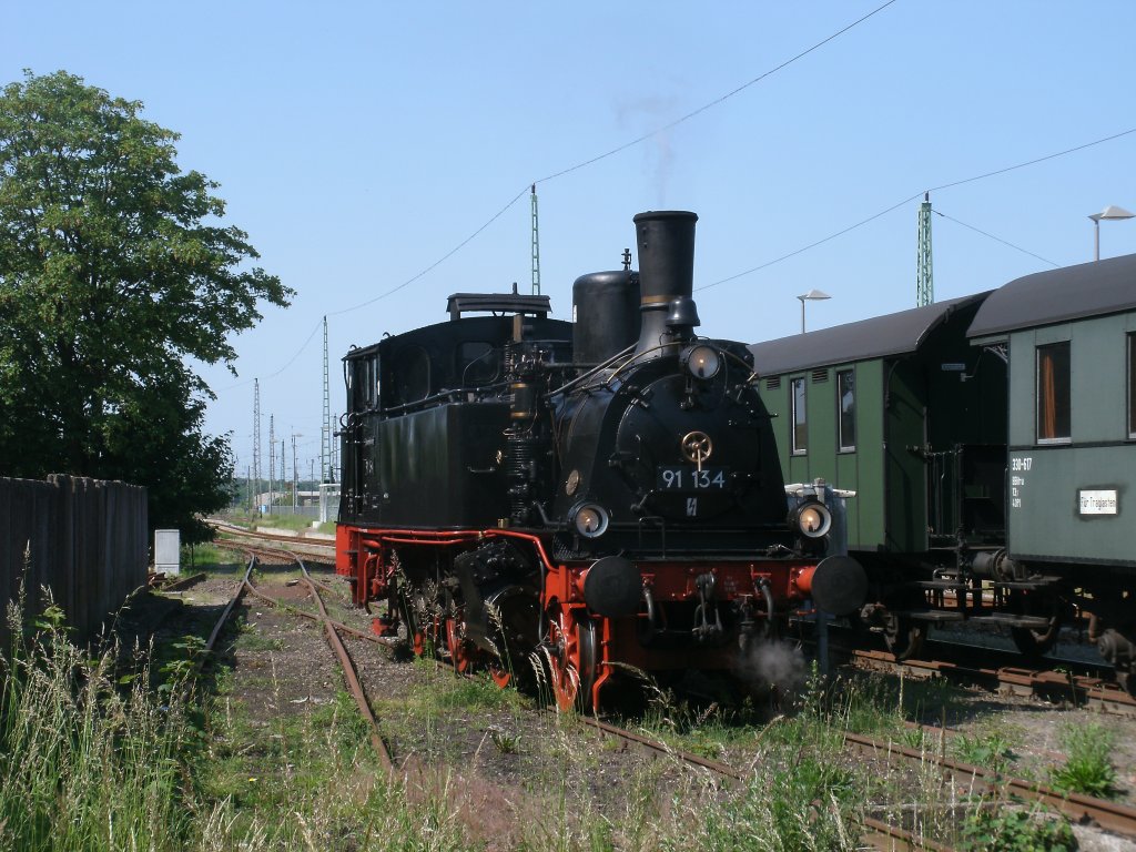 91 134 durchfuhr,am 05.Juni 2011,auf dem zugewachsenen Lokschuppengleis in Bergen/Rgen.