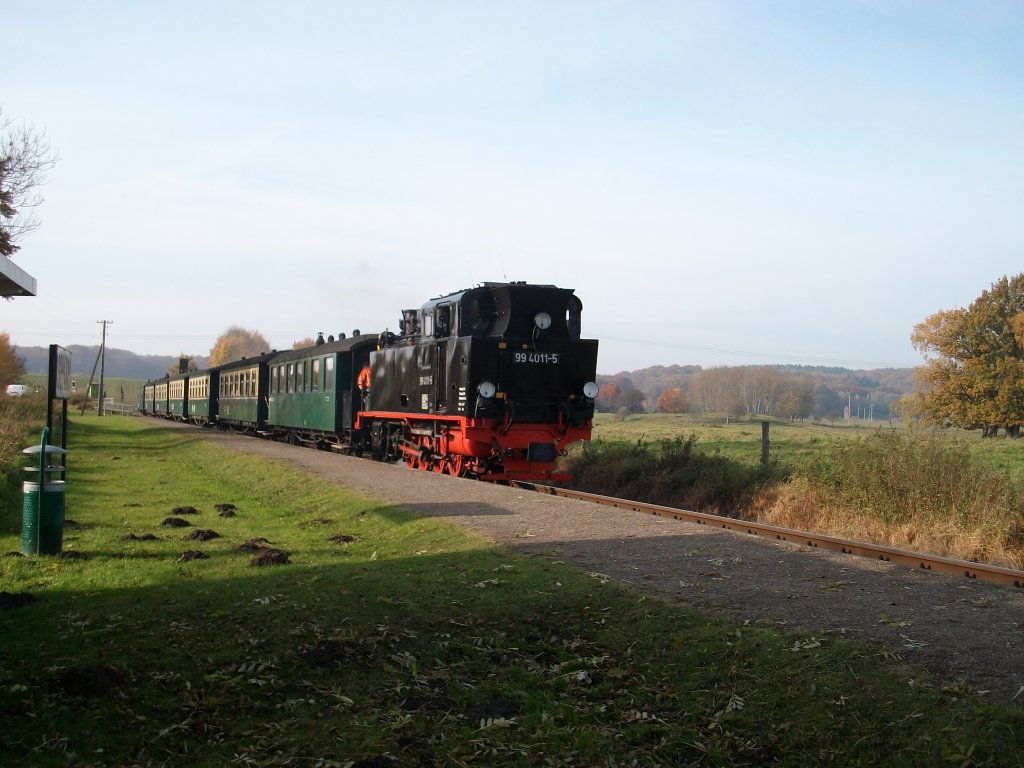 99 4011-5 am 29.Oktober 2010 dampft ohne Halt am Haltepunkt Serams vorbei.