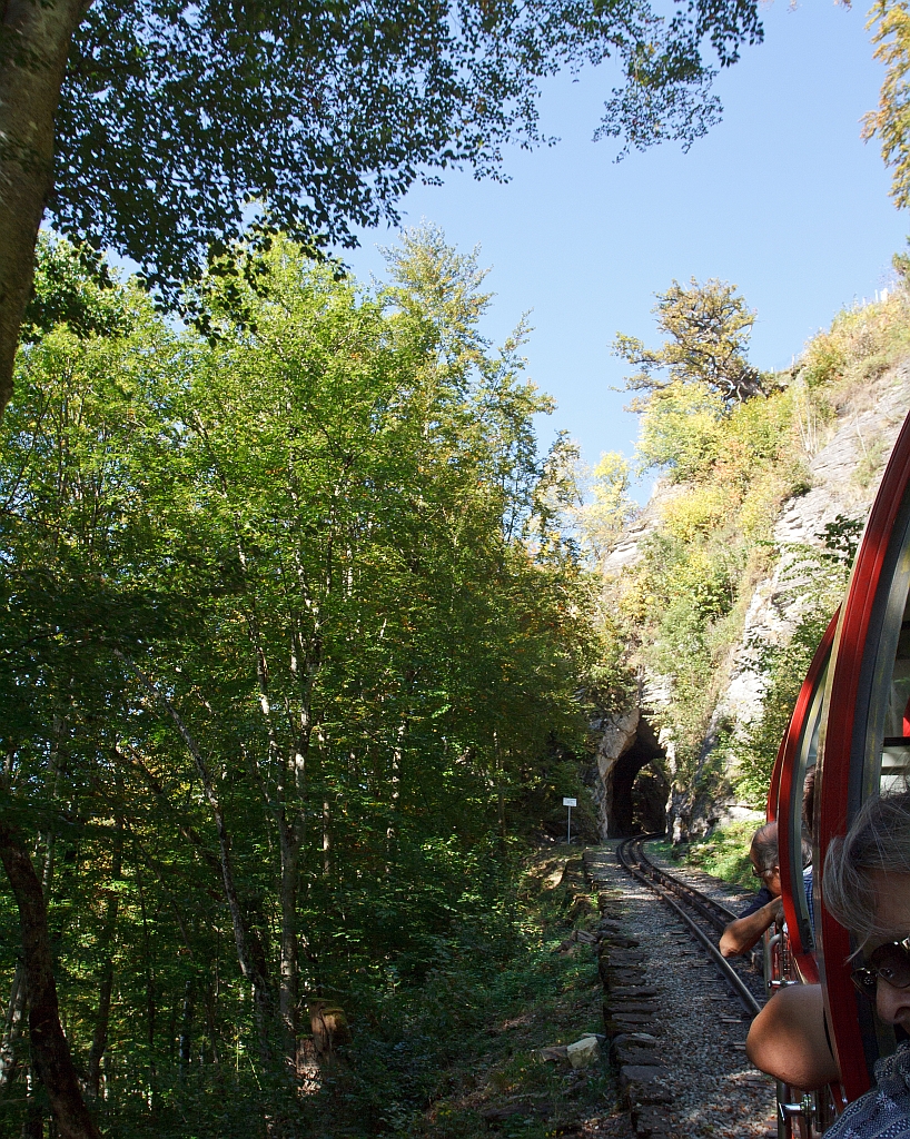 Am 01.10.2011 auf Bergfahrt mit der Heizl BRB 16 zum Brienzer Rothorn, zwischen Brienz und der Station Geldried, durch den Wald,hier kurz vor dem Schwarzenfluhtunnel.
Ich wei nicht viel Bahn zusehen, aber ich mchte den Eindruck der schnen Fahrt vermitteln.