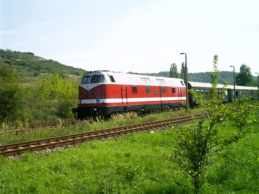 Am 17.09.2006 war die IG 58 3047 e.V. 118 770-0 mit einem Winzerfestsonderzug von Glauchau nach Freyburg unterwegs. Hier der Leerzug w�hrend der Abstellung in Karsdorf. (Foto: Holger Stoll)