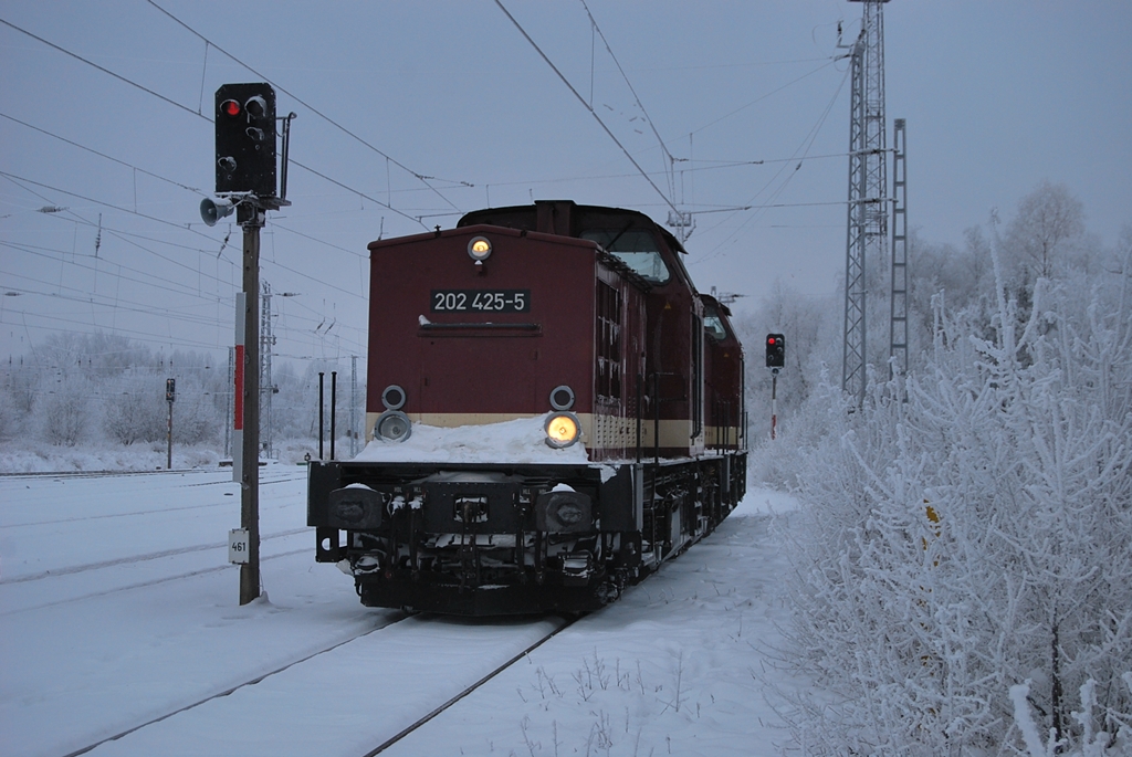 Am eiskalten 30.12.2010 rangieren die LEG-Loks 202 425+202 703 in Rostock-Seehafen.