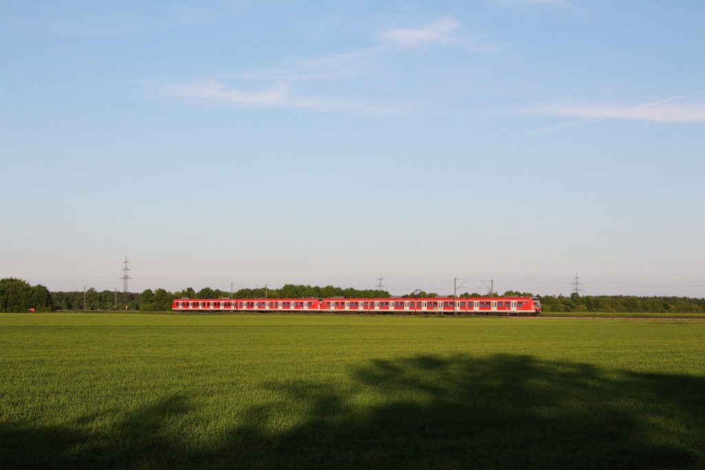 Am sonnigen Abend des 05.06.13 ist ein 423 als S2 Richtung Mnchen bei Heimstetten unterwegs.