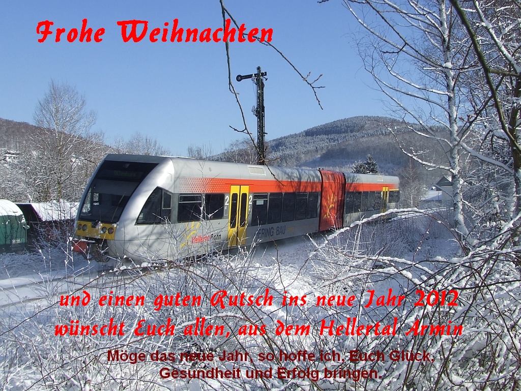 An alle Usern und deren Familien an dieser Stelle besinnliche und frohe Weihnachten und einen guten Rutsch ins neue Jahr.
Vielen Dank fr alle kritischen und lobenden Kommentare, sowie fr die Tipps und Tricks.
---Zum Bild:
GTW 2/6 der Hellertalbahn am 14.02.2009 zwischen Struthtten und Herdorf, KBS 462 - Hellerstrecke (Dillenburg-Haiger-Neunkirchen-Herdorf-Betzdorf). In Betzdorf besteht dann der Anschlu an den RE 9 Rhein-Sieg-Express (KBS 460 - Siegstrecke) Aachen-Kln-Siegen. 