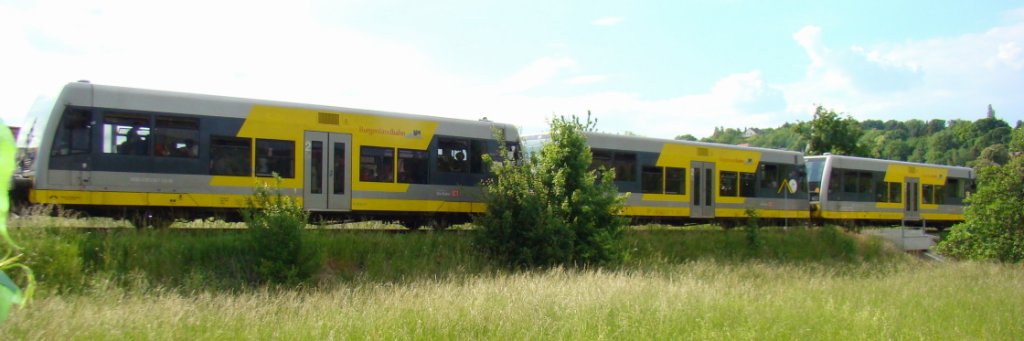 Anl�sslich der Saale-Wein-Meile am 27.05.2012 um Ro�bach wurde zwischen Naumburg Ost und Wangen mit 3 Triebwagen gefahren. Hier RB 34883 (Wangen - Naumburg Ost), bei Ro�bach. (Foto: G�nther G�bel)
