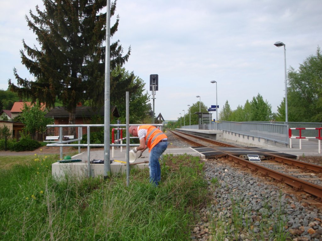 Arbeitseinsatz der IG Unstrutbahn e.V. am 14.05.2013 am Hp Ro�bach, um Hinweisschilder f�r Touristen und Besucher der  Saale-Weinmeile  aufzustellen. (Foto: G�nther G�bel)