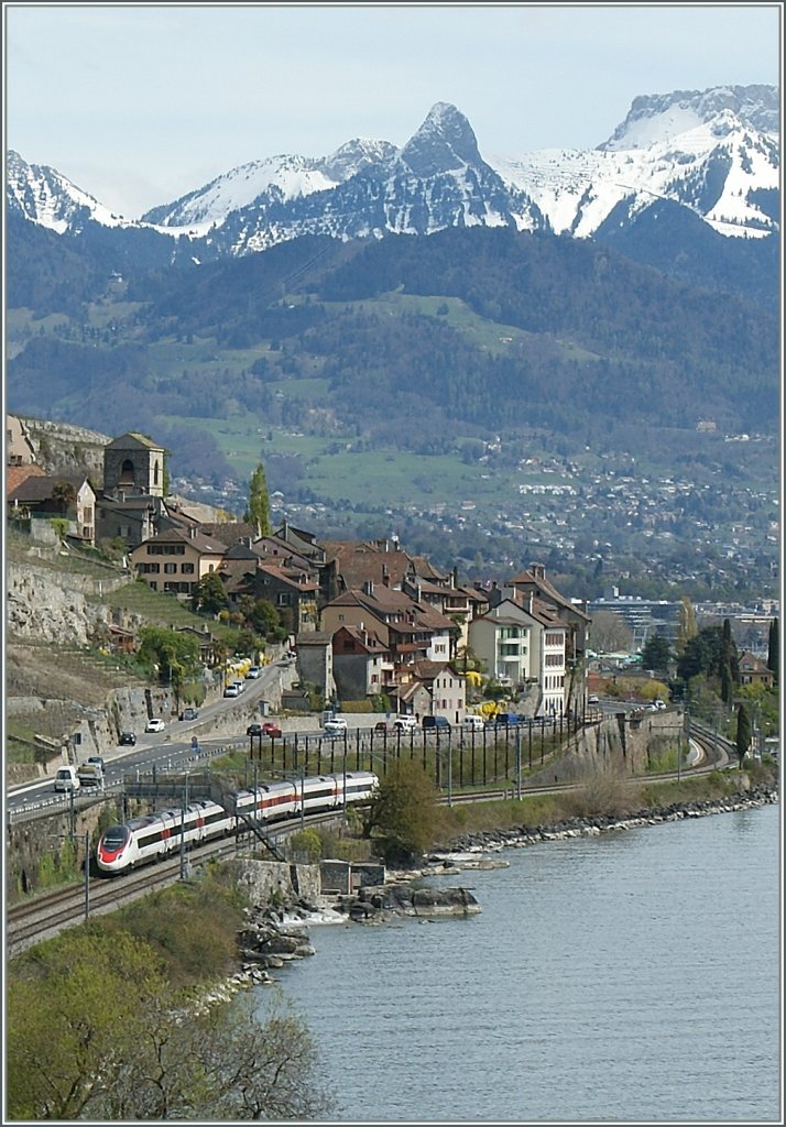 Auch ohne das Bume weichen mssen, bieten die Berge und Hgel im Lavaux ein interessante Sicht auf das Bahngeschehen der Gegend: SBB ETR 610 bei St-Saphorin.
23. April 2012 
