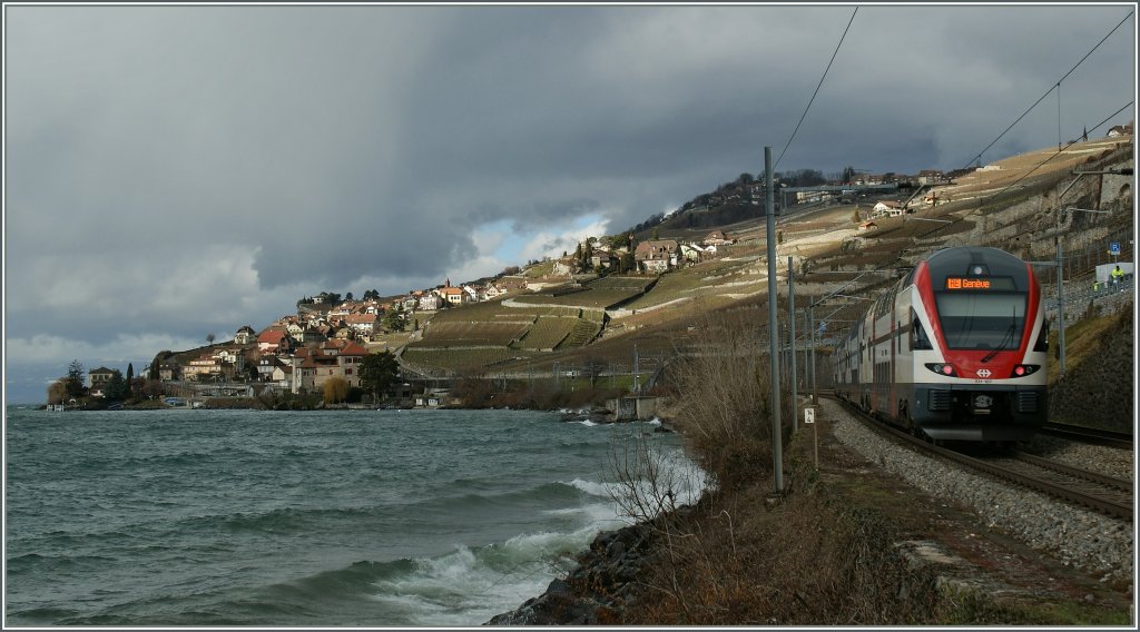 Bei etwas strmischem Wetter fhrt der 511 107 dem Genfer See entlang.
5. Feb. 2013