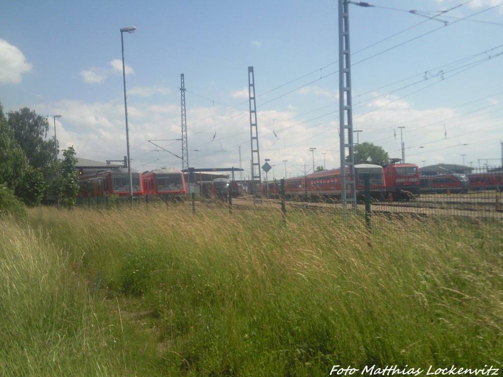 Blick auf die 628er / 642er & BR 143 im BW Rostock mam 22.6.13