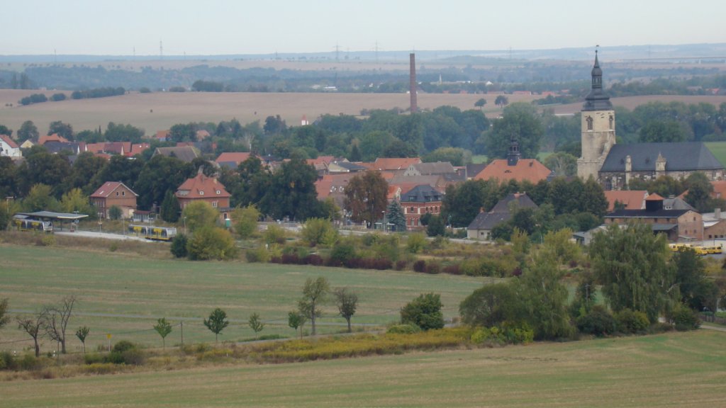 Blick vom Ensberg bei Laucha auf RB 34689 nach Naumburg Ost und RB 34868 nach Wangen, am 23.09.2012 beim Kreuzungshalt im Lauchaer Bahnhof. (Foto: G�bel)