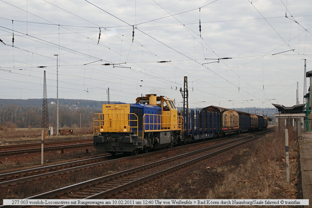 BLP Wiebe Logistik GmbH 277 003 (92 80 1277 003-0 D-ATLD) durchf�hrt Naumburg Hbf mit Rungenwagen Richtung Gro�heringen; 10.02.2011 (Foto: Marco Zergiebel)