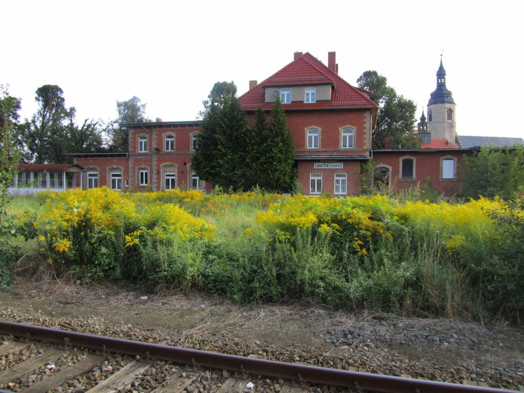 Das Bahnhofsgeb�ude mit den meterhoch zugewachsenen Gleisen 1 - 5 in Laucha; 22.08.2011 (Foto: Dieter Thomas)