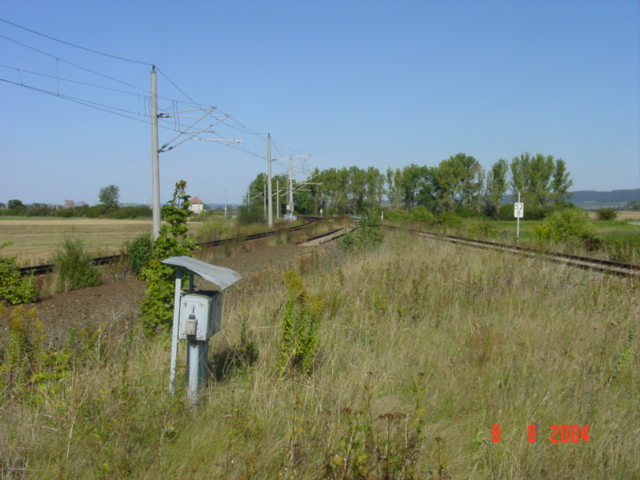 Das Gleisdreieck in Reinsdorf (b Artern). Rechts das Unstrutbahngleis, welches auf das Hauptgleis der KBS 595 trifft; 08.09.2004 (Foto: Carsten Klinger)