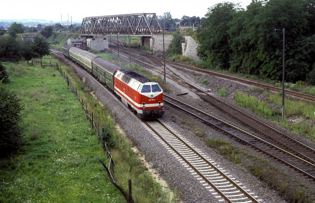 DB 219 195 mit einem Personenzug nach Leipzig, am 11.08.1993 bei der Ausfahrt in Zeitz. (Foto: Hansj�rg Brutzer)